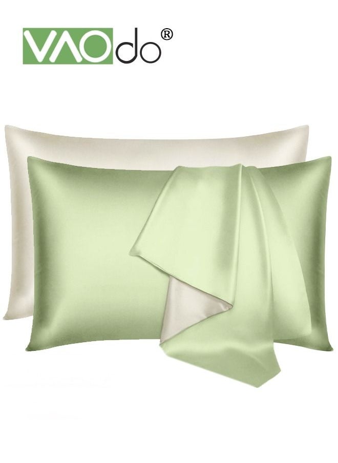VAOdo 2PCS AB Side Pillowcase Washed Silk Breathable and Comfortable Satin Pillowcase Envelope Pillowcase for All Seasons Light Green 48*74CM  - Image 1