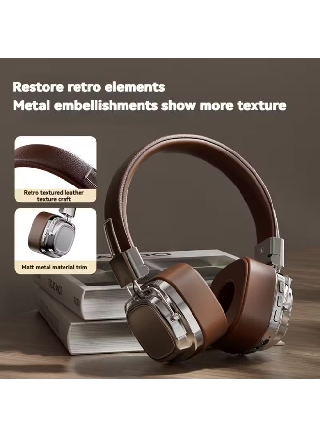 سماعات رأس لاسلكية كلاسيكية، صوت ستيريو عالي الدقة، بلوتوث 5.3، تصميم قابل للطي، وضع استعداد لمدة 200 ساعة، حواف معدنية، ملمس جلدي، وضع مزدوج مع ميكروفون، للموسيقى والألعاب (بني) - Image 2