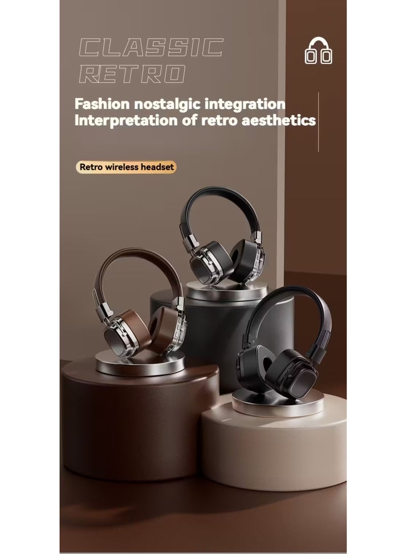 سماعات رأس لاسلكية كلاسيكية، صوت ستيريو عالي الدقة، بلوتوث 5.3، تصميم قابل للطي، وضع استعداد لمدة 200 ساعة، حواف معدنية، ملمس جلدي، وضع مزدوج مع ميكروفون، للموسيقى والألعاب (بني) - Image 3