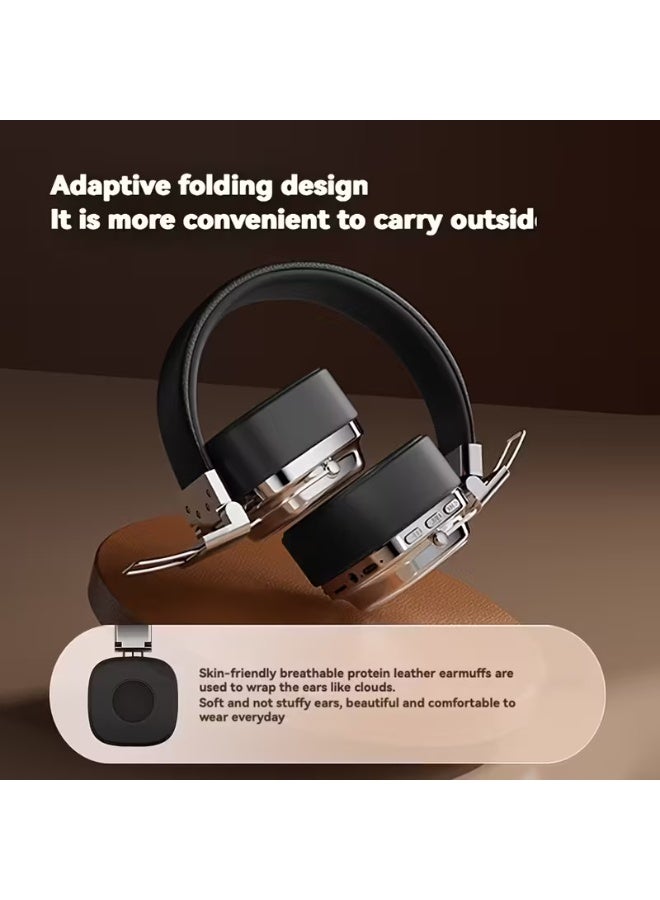 سماعات رأس لاسلكية كلاسيكية، صوت ستيريو عالي الدقة، بلوتوث 5.3، تصميم قابل للطي، وضع استعداد لمدة 200 ساعة، حواف معدنية، ملمس جلدي، وضع مزدوج مع ميكروفون، للموسيقى والألعاب (بني) - Image 5