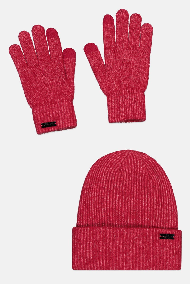 Nicole Miller Women 2 Pieces Brand Logo Touch Screen Gloves And Beanie Set, Sangria  - Image 1