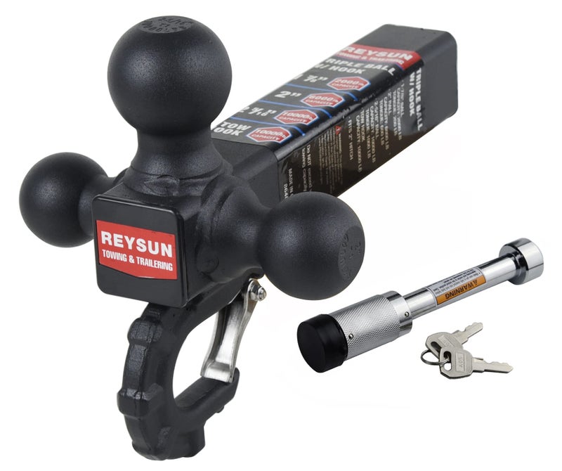 REYSUN Trailer Hitch 864011L Tri Ball Mount with Hook Tactical Tow Hook Fits 2 inch Hitch Receiver Secure with SelfLock Latch Matt Black 58 Inch Hitch Lock Included