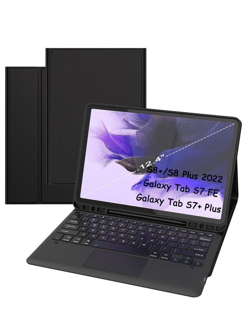 ELTRAZONE Samsung Galaxy Tab S7 FE / S7 Plus /S8+ 12.4 inch Case with Keyboard - Smart Detachable Wireless Touchpad Tablet Keyboard Cover - Tab S7 FE 2021/ S7+ 2020/S8+ with S Pen Holder Black - Image 1