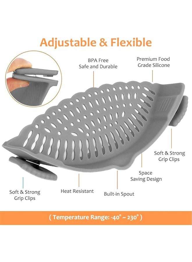 Kyle Clip on Strainer for Pots Pan Pasta multifunctional Strainer Silicone Food Strainer Hands-Free Pan Straine Clip-on Kitchen Food Strainer for Spaghetti Ground Beef Fits All Bowls and Pots - Grey - Image 2