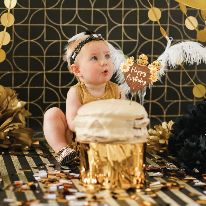 Festiko® Honey Bee Theme Decor,Bumble Bee Theme Birthday Decoration Backdrop Photo Shoot,Birthday Photo Booth Party Item for Adults and Kids Happy Birthday Cake Topper - Image 3