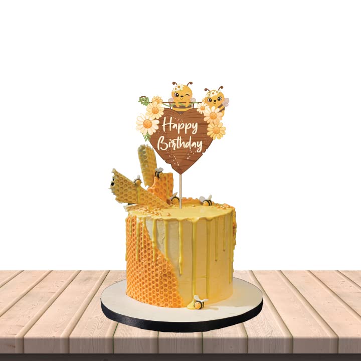 Festiko® Honey Bee Theme Decor,Bumble Bee Theme Birthday Decoration Backdrop Photo Shoot,Birthday Photo Booth Party Item for Adults and Kids Happy Birthday Cake Topper - Image 1