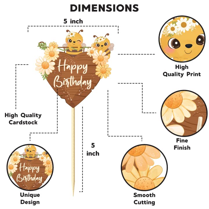 Festiko® Honey Bee Theme Decor,Bumble Bee Theme Birthday Decoration Backdrop Photo Shoot,Birthday Photo Booth Party Item for Adults and Kids Happy Birthday Cake Topper - Image 2