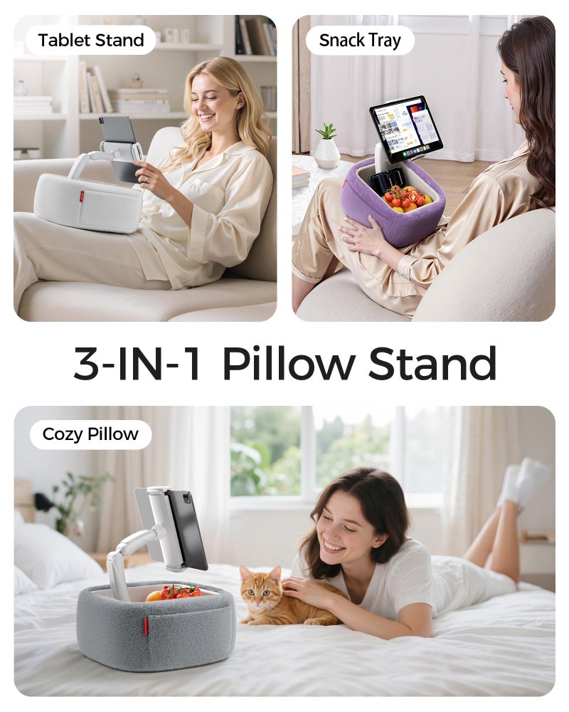 LULULOOK Tablet Pillow Stand, Compatible with iPad, iPhone and 4.7-14.6”Tablet, 360° Adjustable Kindle Pillow Stand for Bed with Ultra Fluffy Fabric & Snack Bowl (Fluffy Gray​) - Image 2