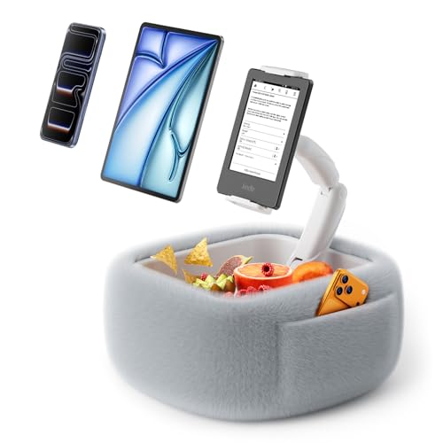 LULULOOK Tablet Pillow Stand, Compatible with iPad, iPhone and 4.7-14.6”Tablet, 360° Adjustable Kindle Pillow Stand for Bed with Ultra Fluffy Fabric & Snack Bowl (Fluffy Gray​) - Image 1
