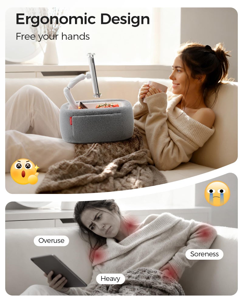LULULOOK Tablet Pillow Stand, Compatible with iPad, iPhone and 4.7-14.6”Tablet, 360° Adjustable Kindle Pillow Stand for Bed with Ultra Fluffy Fabric & Snack Bowl (Fluffy Gray​) - Image 3