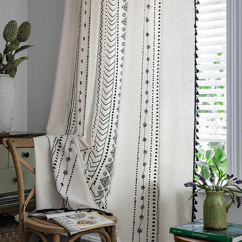 ColorBird Boho Curtains 84 Inches Length Modern Farmhouse Decor Black and White Striped Geometric Aztec Western Window Treatment Cream Curtain & Drapes 2 Panels for Living Bedroom Dining Room - Image 1