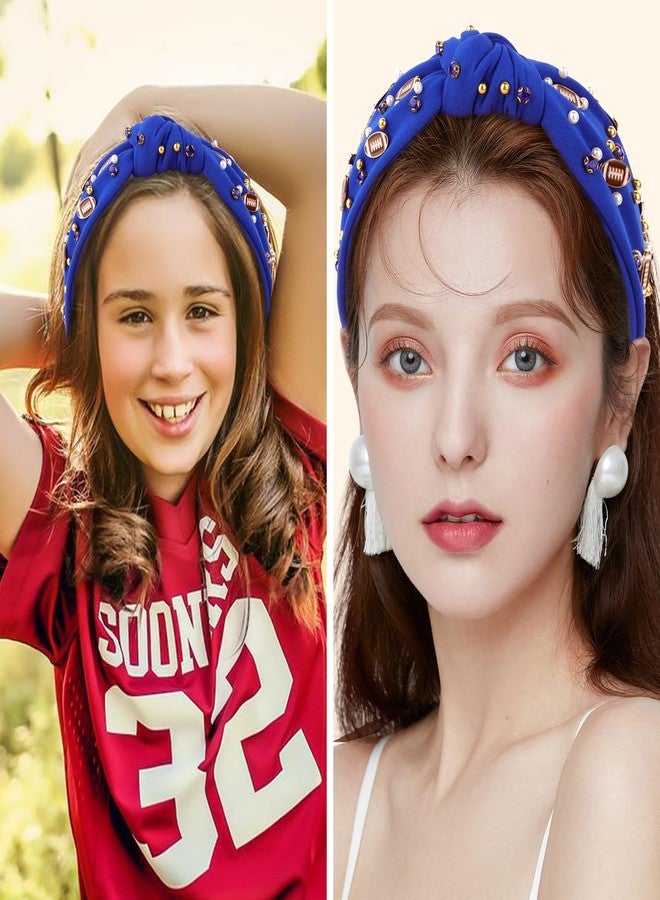 YARIEW Football Headband for Women Pearl Rhinestone Jeweled Knotted Headband Fashion Headband Wide Game Day Sports Hair Accessories Gift for Football Mom Fans Christmas (Dark Blue) - Image 4