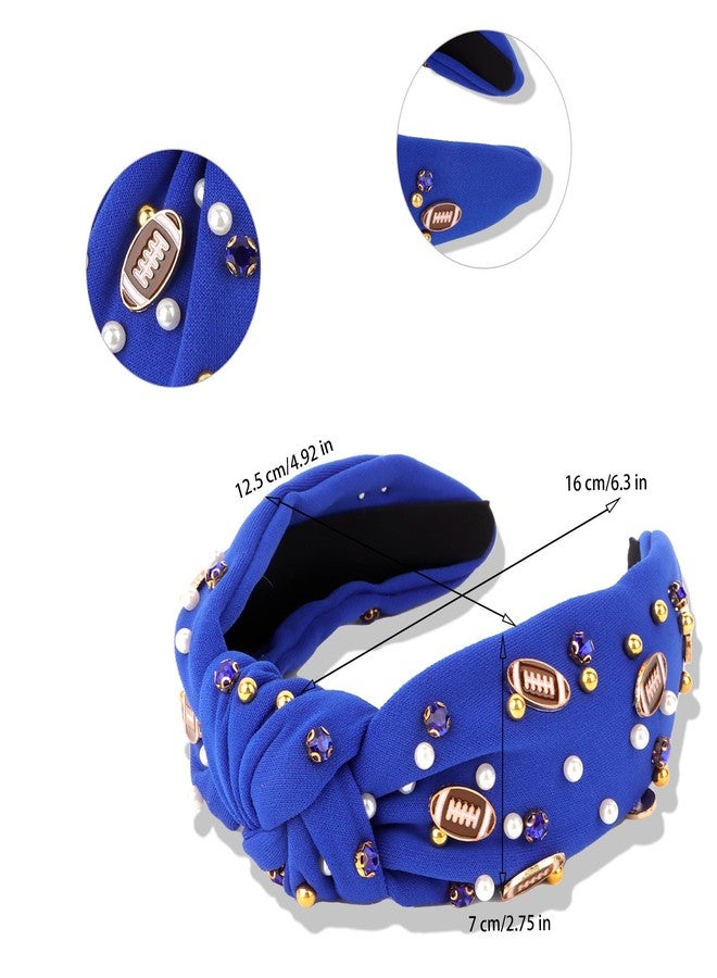 YARIEW Football Headband for Women Pearl Rhinestone Jeweled Knotted Headband Fashion Headband Wide Game Day Sports Hair Accessories Gift for Football Mom Fans Christmas (Dark Blue) - Image 2