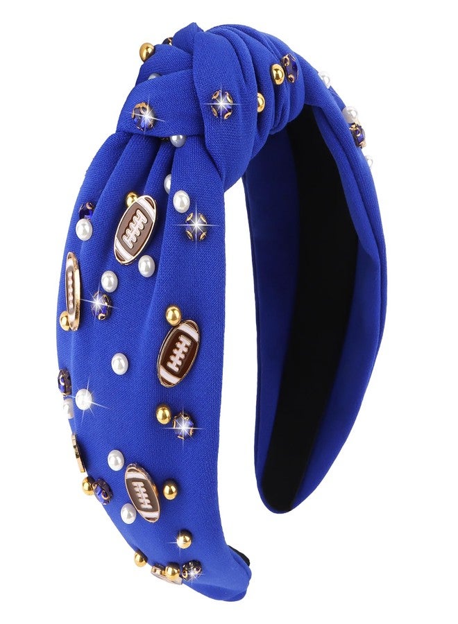 YARIEW Football Headband for Women Pearl Rhinestone Jeweled Knotted Headband Fashion Headband Wide Game Day Sports Hair Accessories Gift for Football Mom Fans Christmas (Dark Blue) - Image 1