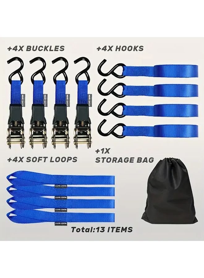 Heavy Duty 1800LB Ratchet Tie Down Blue with 4 Soft Loops for Motorcycle Kayak - Image 3