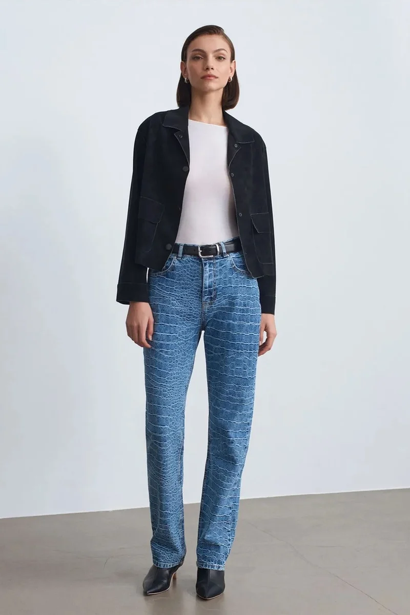 Dilvin Mid Blue Denim DILVIN High-Waist Straight Leg Textured Jeans for Women | Best Price UAE