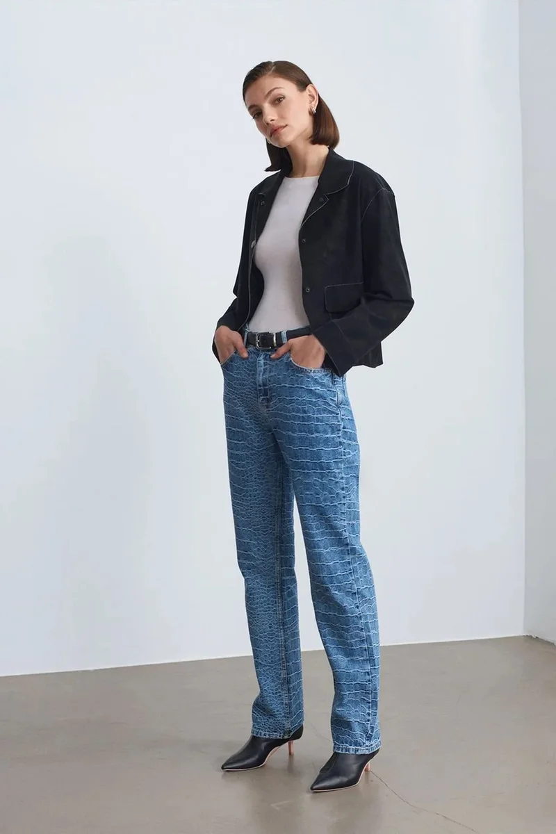 Dilvin Mid Blue Denim DILVIN High-Waist Straight Leg Textured Jeans for Women | Best Price UAE