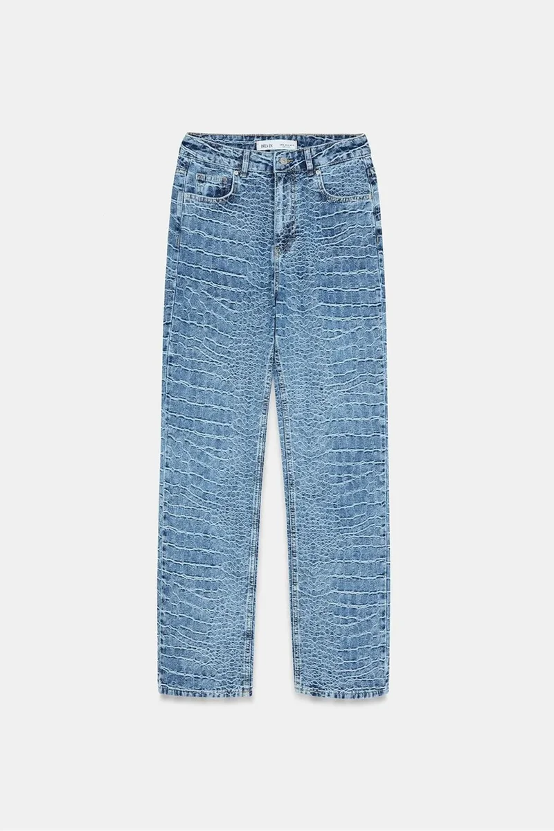 Dilvin Mid Blue Denim DILVIN High-Waist Straight Leg Textured Jeans for Women | Best Price UAE