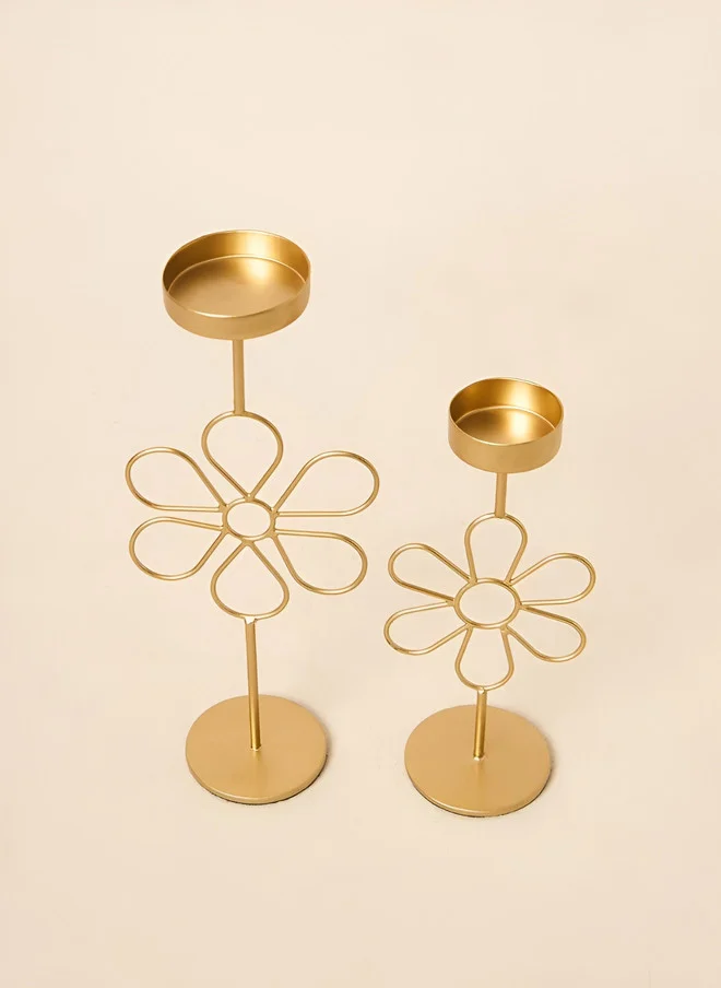 Chumbak  Tall Tea-light Holder Gold flower set  | Best Price UAE