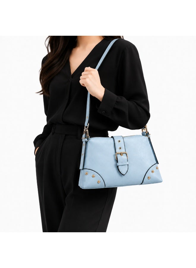 Women’s Stylish Shoulder Bag with Long Strap, Front Buckle and Metal Stud Details – Ladies Handbag for Everyday Use, Outings and Occasions - Image 1