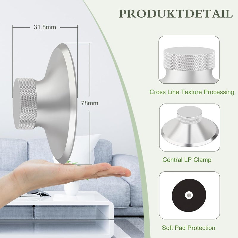 Preffair Record Weight Stabilizer, Aluminum Turntable LP Vinyl Disc Stabilizer with Protective Soft Pad Vibration Reducer for HiFi LP Record Player Vinyl Disc Accessories (Silver) - Image 2
