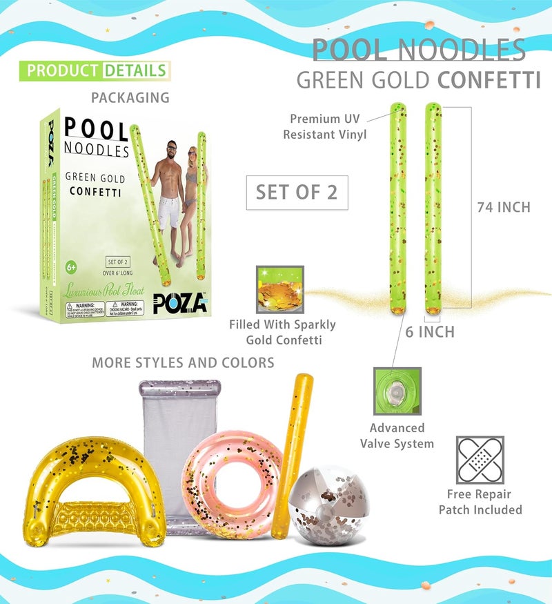 POZA 2 Pack Inflatable Jumbo Pool Noodles Floats - Premium Luxurious 74 Inch Giant Water Floating Noodles Filled with Sparkle Confetti, Pool Float for Swimming Pool, Beach & Lake - Image 2