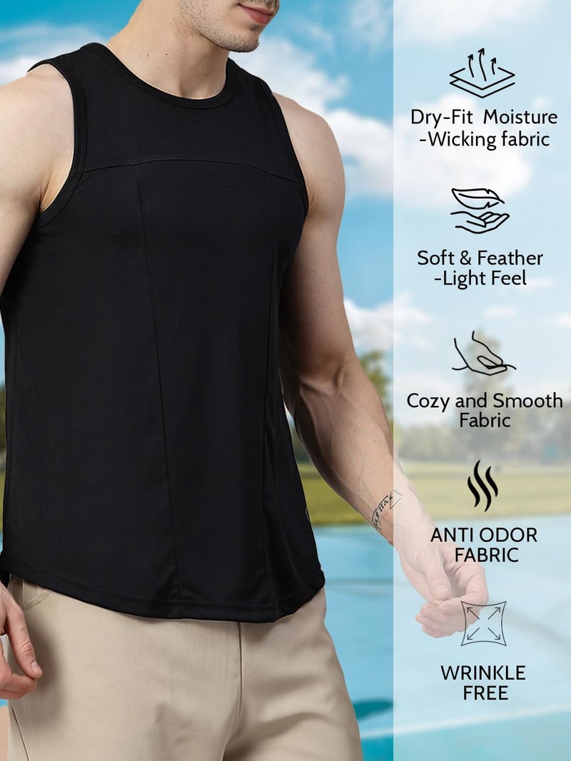 CHKOKKO Tank Tops Sleeveless T-Shirt for Men Dry Fit Vest Moisture Wicking Gym Wear Solid Stylish Design Round Neck Running Sando for Sports Workout Fitness Apparel Black M - Image 2