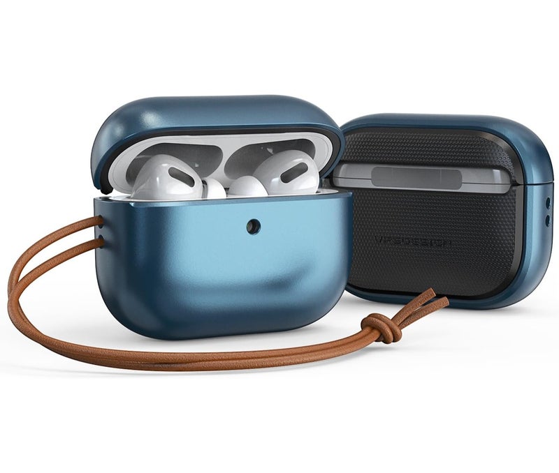 VRS Design غطاء حديث لسماعات AirPods Pro 3 (الجيل الثالث) واقي من الصدمات مع حزام جلدي (2025) - أزرق جليدي - Image 1