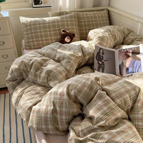 mixinni Queen Duvet Cover Set 3 Piece Washed Cotton Vintage Geometric Plaid Bedding Set with Zipper Closure Soft Breathable Green Pink White Buffalo Check Pattern for All Seasons - Image 1