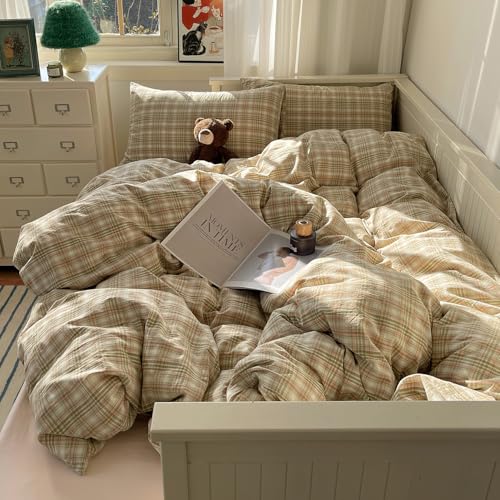 mixinni Queen Duvet Cover Set 3 Piece Washed Cotton Vintage Geometric Plaid Bedding Set with Zipper Closure Soft Breathable Green Pink White Buffalo Check Pattern for All Seasons - Image 3