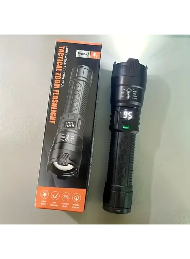 Black LED Tactical Flashlight Digital Display Zoomable USB C Fast Charging 18650 Battery - Image 1