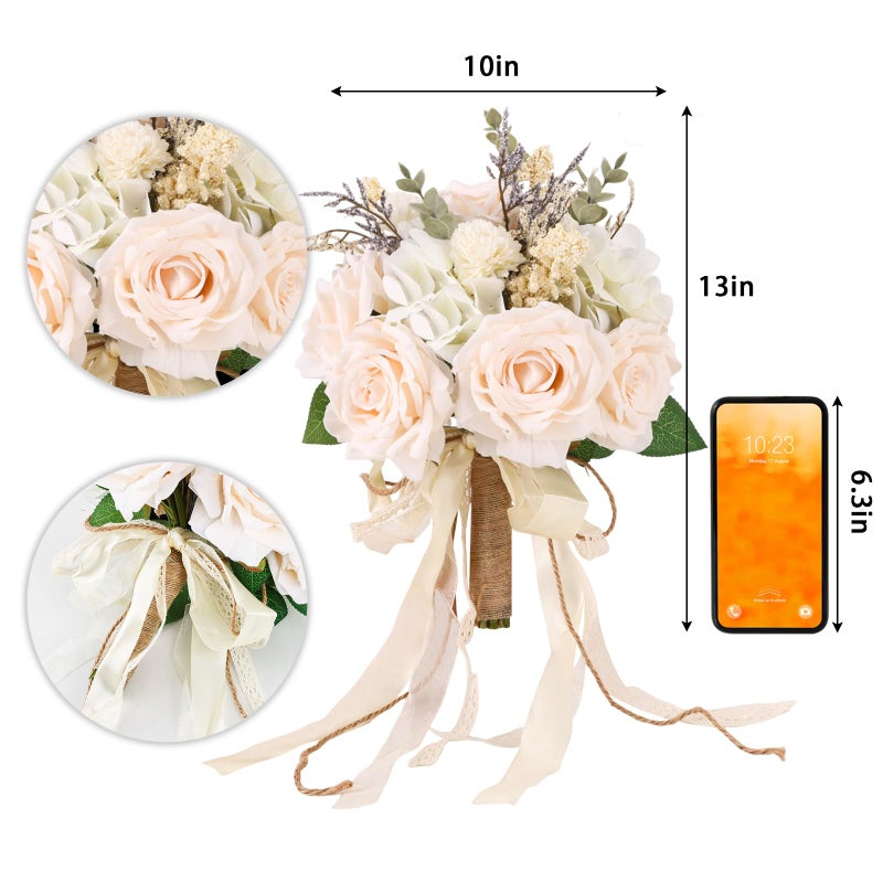 CEWOR Wedding Bouquets for Bride Bridesmaid, White Champagne Artificial Roses Flowers Wedding Decoration (10in) - Image 2