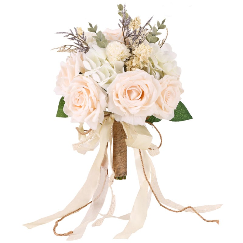 CEWOR Wedding Bouquets for Bride Bridesmaid, White Champagne Artificial Roses Flowers Wedding Decoration (10in) - Image 1