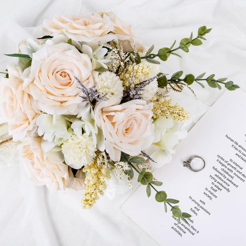 CEWOR Wedding Bouquets for Bride Bridesmaid, White Champagne Artificial Roses Flowers Wedding Decoration (10in) - Image 3