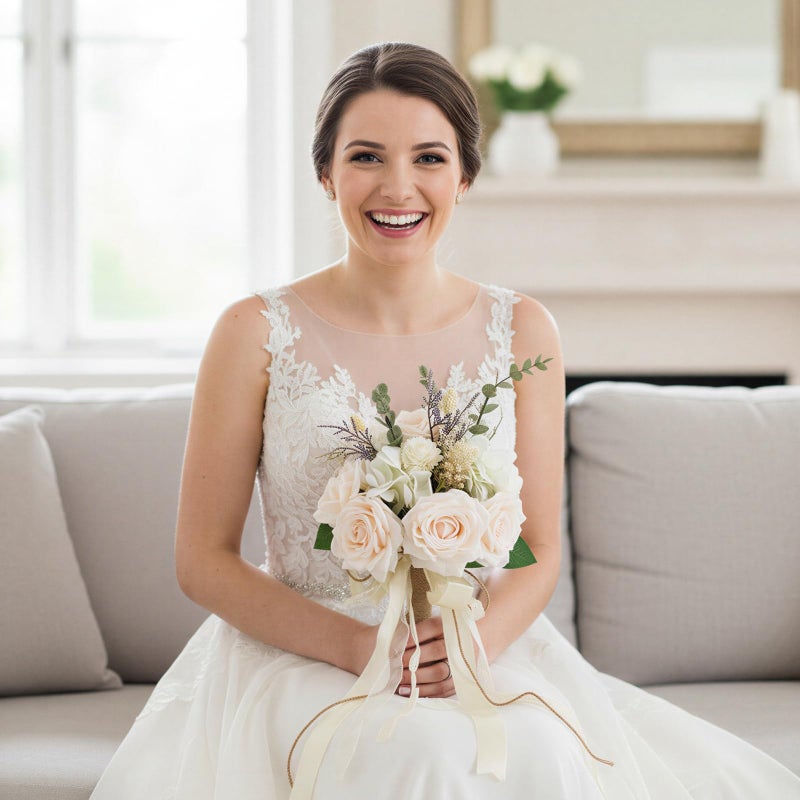 CEWOR Wedding Bouquets for Bride Bridesmaid, White Champagne Artificial Roses Flowers Wedding Decoration (10in) - Image 4
