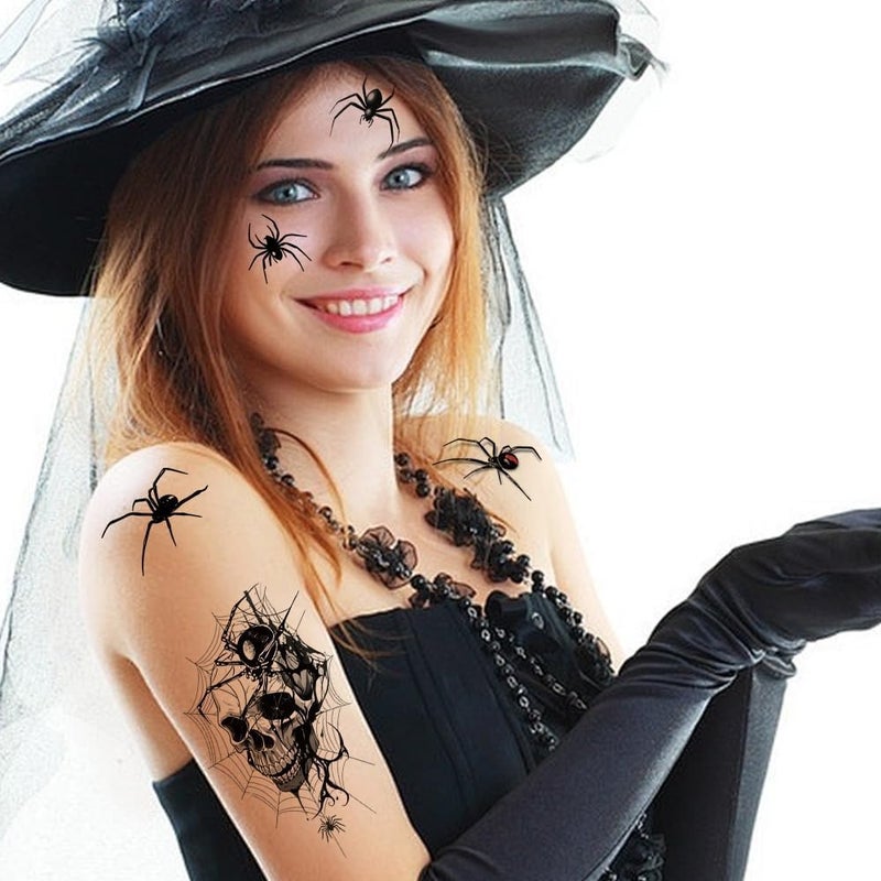 وشم مؤقت لهالوين، وشم عنكبوت أحمر بني زائف، أنماط شبكة العنكبوت، وشم هالوين مختلط، وشم شبكة عنكبوت مقاوم للماء، ملصقات سوداء واقعية للأولاد والبنات، مكياج فن الجسم، 10 أوراق - Image 2