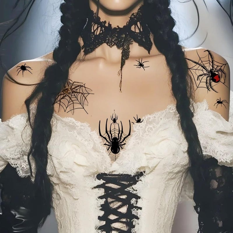 وشم مؤقت لهالوين، وشم عنكبوت أحمر بني زائف، أنماط شبكة العنكبوت، وشم هالوين مختلط، وشم شبكة عنكبوت مقاوم للماء، ملصقات سوداء واقعية للأولاد والبنات، مكياج فن الجسم، 10 أوراق - Image 4