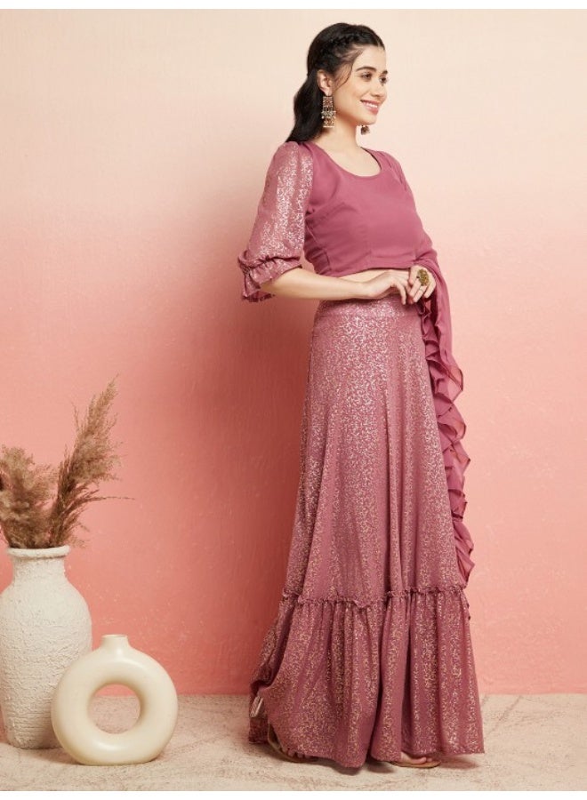 AKS Mauve Gold Foil Printed Lehenga Choli With Ruffle Dupatta  - Image 4