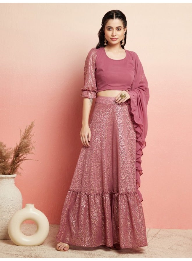 AKS Mauve Gold Foil Printed Lehenga Choli With Ruffle Dupatta  - Image 1