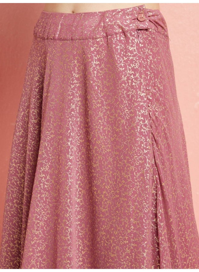 AKS Mauve Gold Foil Printed Lehenga Choli With Ruffle Dupatta  - Image 3