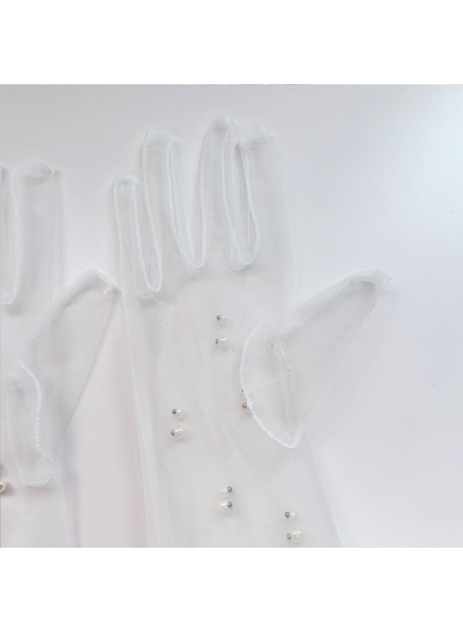Women Sheer Long Gloves Pearl Mesh Tulle Sheer Gloves Wedding Bridal Gloves Dance Gloves Long Opera Party Gloves
