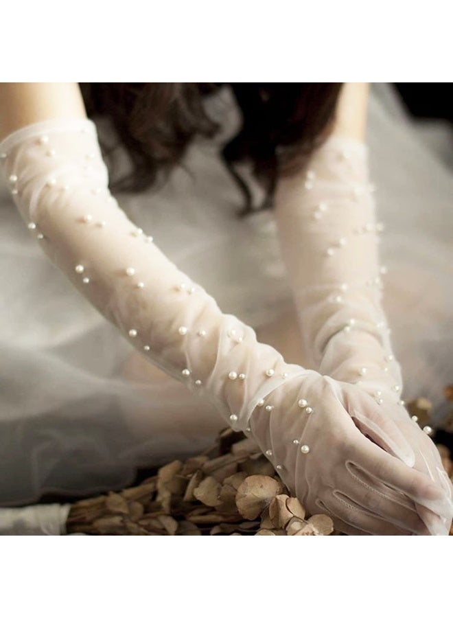 Women Sheer Long Gloves Pearl Mesh Tulle Sheer Gloves Wedding Bridal Gloves Dance Gloves Long Opera Party Gloves  - Image 3