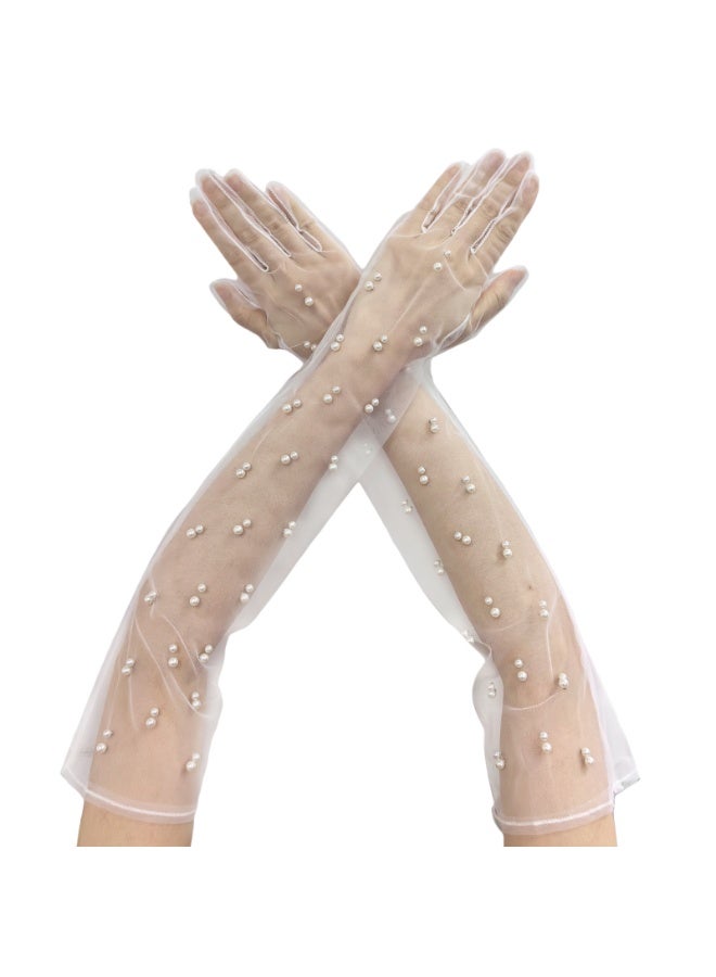Women Sheer Long Gloves Pearl Mesh Tulle Sheer Gloves Wedding Bridal Gloves Dance Gloves Long Opera Party Gloves  - Image 1