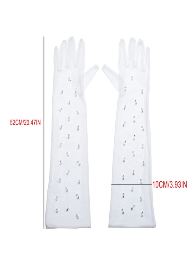 Women Sheer Long Gloves Pearl Mesh Tulle Sheer Gloves Wedding Bridal Gloves Dance Gloves Long Opera Party Gloves