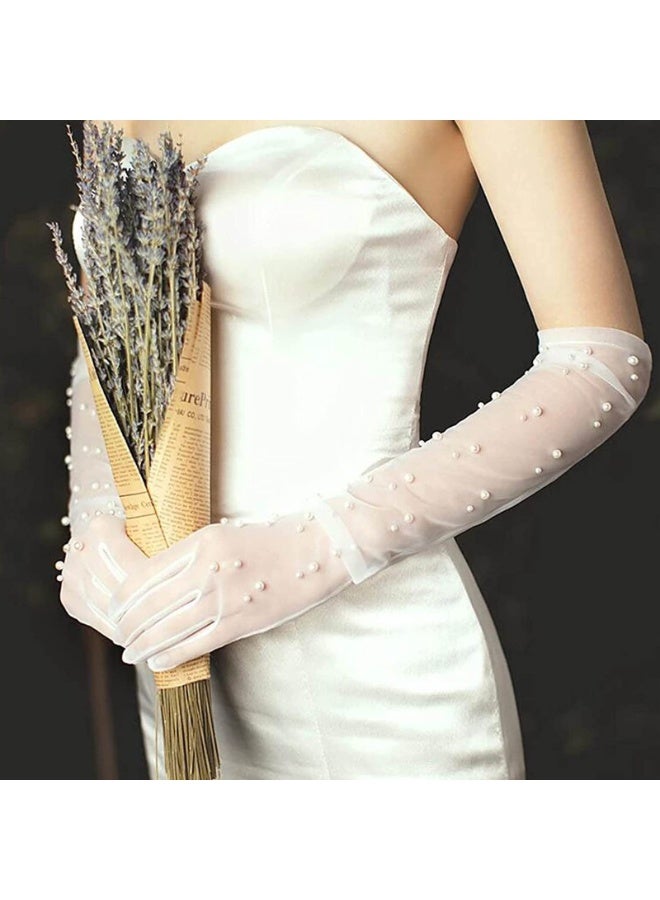 Women Sheer Long Gloves Pearl Mesh Tulle Sheer Gloves Wedding Bridal Gloves Dance Gloves Long Opera Party Gloves  - Image 2