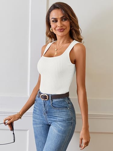 MEROKEETY Women's Ribbed Knit Tank Tops 2025 Square Neck Sleeveless Summer Basic Shirts Sweater Vest White XL - Image 2
