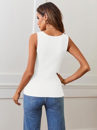 MEROKEETY Women's Ribbed Knit Tank Tops 2025 Square Neck Sleeveless Summer Basic Shirts Sweater Vest White XL - Image 3