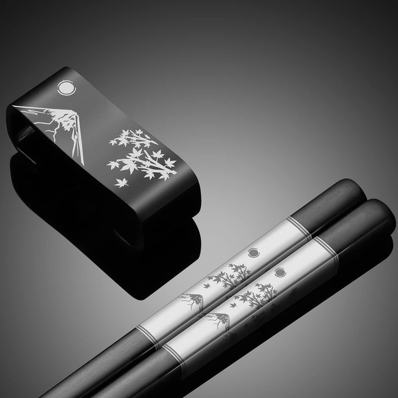 TANiCOO Premium 304 Stainless Steel Chopsticks Set - 2 Pairs Titanium Plated Japanese Style with Laser Engraved Design, Dishwasher Safe, Non-Slip Grip, Elegant Gift Box (Black) - Image 2