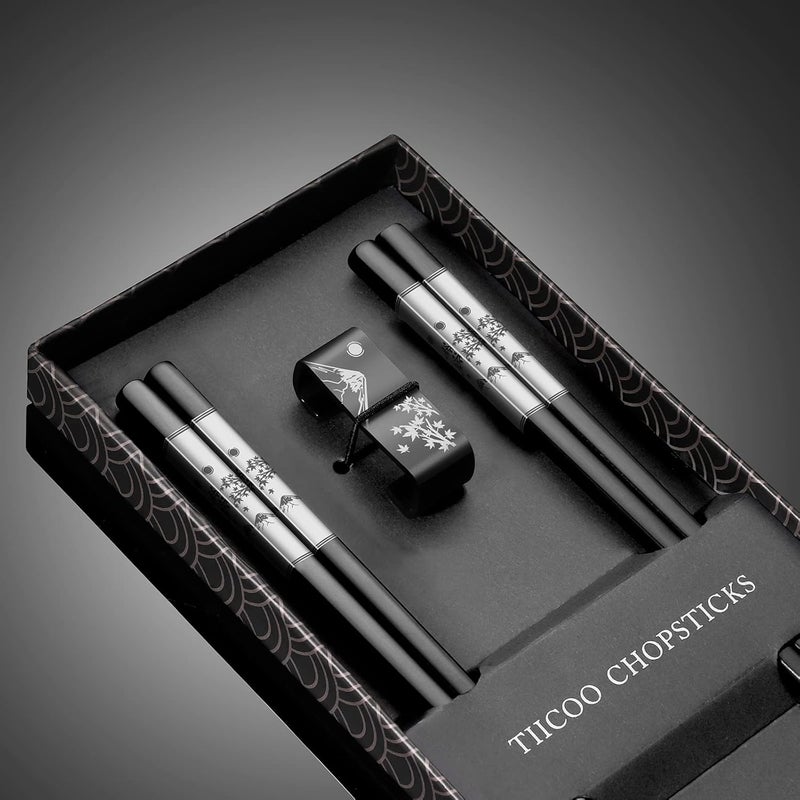 TANiCOO Premium 304 Stainless Steel Chopsticks Set - 2 Pairs Titanium Plated Japanese Style with Laser Engraved Design, Dishwasher Safe, Non-Slip Grip, Elegant Gift Box (Black) - Image 3