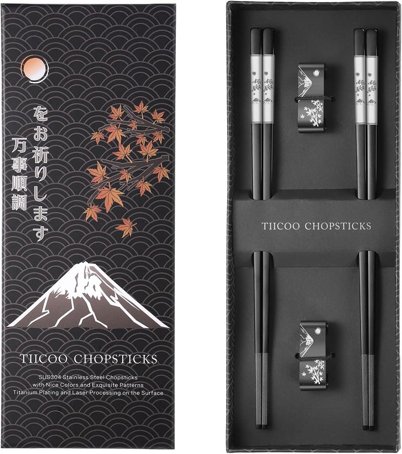 TANiCOO Premium 304 Stainless Steel Chopsticks Set - 2 Pairs Titanium Plated Japanese Style with Laser Engraved Design, Dishwasher Safe, Non-Slip Grip, Elegant Gift Box (Black) - Image 1